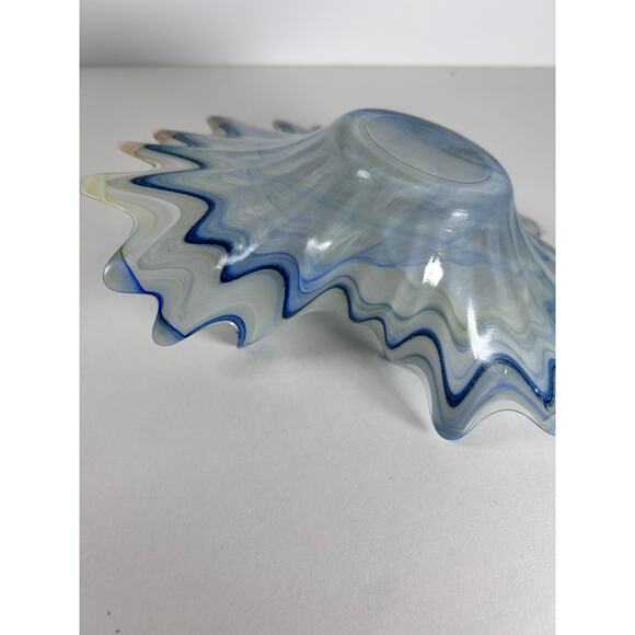 VTG Murano Iridescent Pearlized Blue White Swirl Bowl Hand Blown Art Glass Italy - Picture 9 of 9